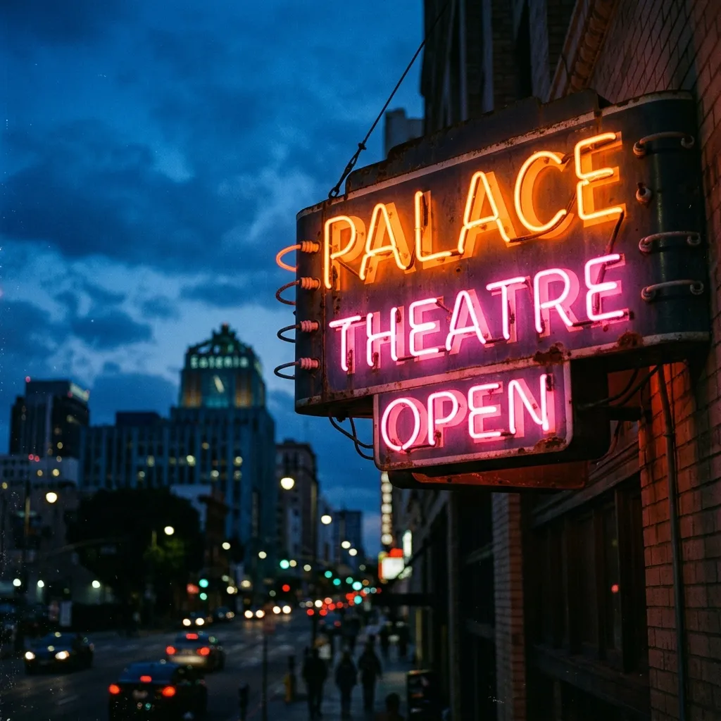Neon sign of the Palace Theatre glowing orange and pink against a deep blue twilight sky