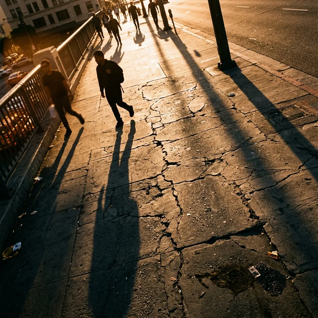 Long dramatic shadows of pedestrians cast on a cracked concrete sidewalk during golden hour