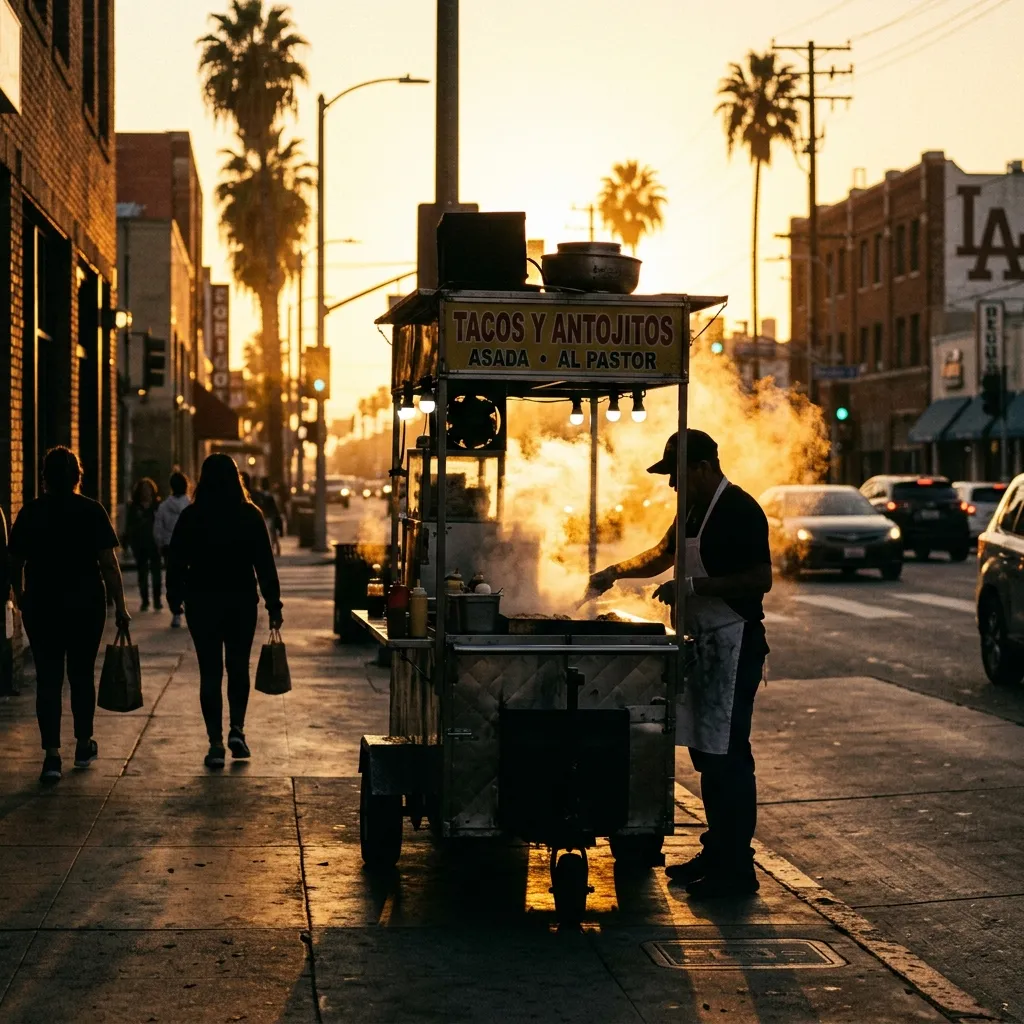 Street food vendor cart on a Los Angeles sidewalk during golden hour with steam rising
