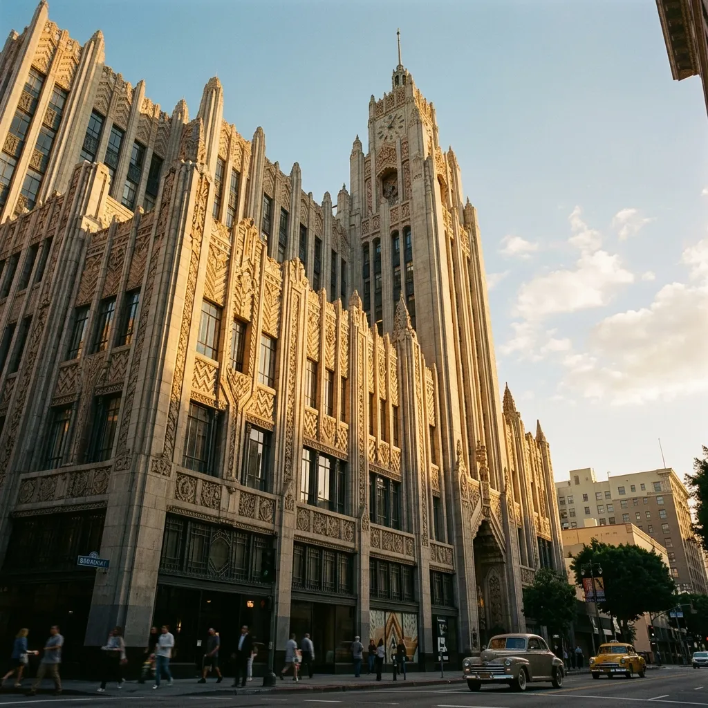 Ornate Art Deco building facade catching warm golden light in downtown LA