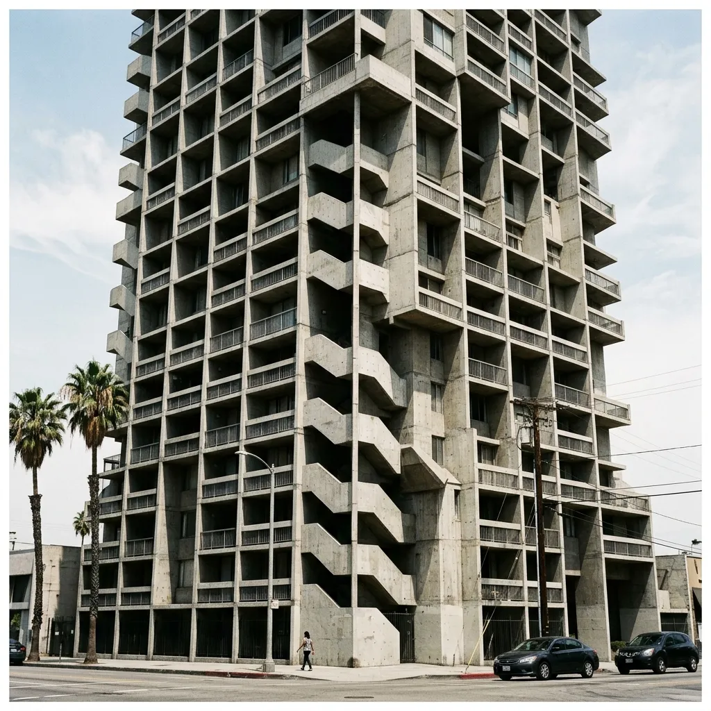 Brutalist concrete apartment building in Los Angeles with repeating balconies and geometric shadows