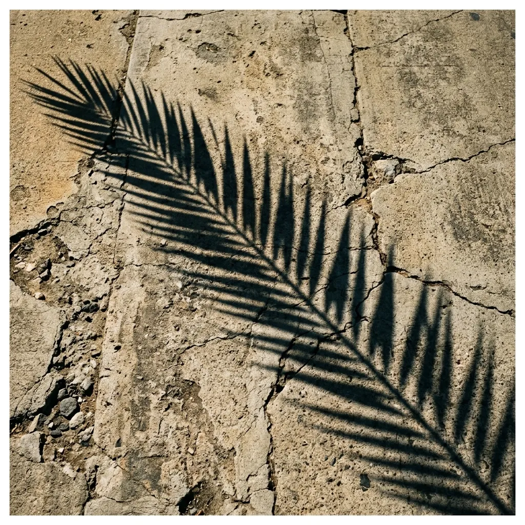 Shadow of a palm frond falling across cracked and weathered sidewalk concrete