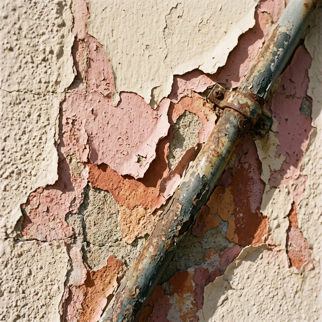 Weathered stucco wall with peeling paint in layers of cream, pink, and terracotta