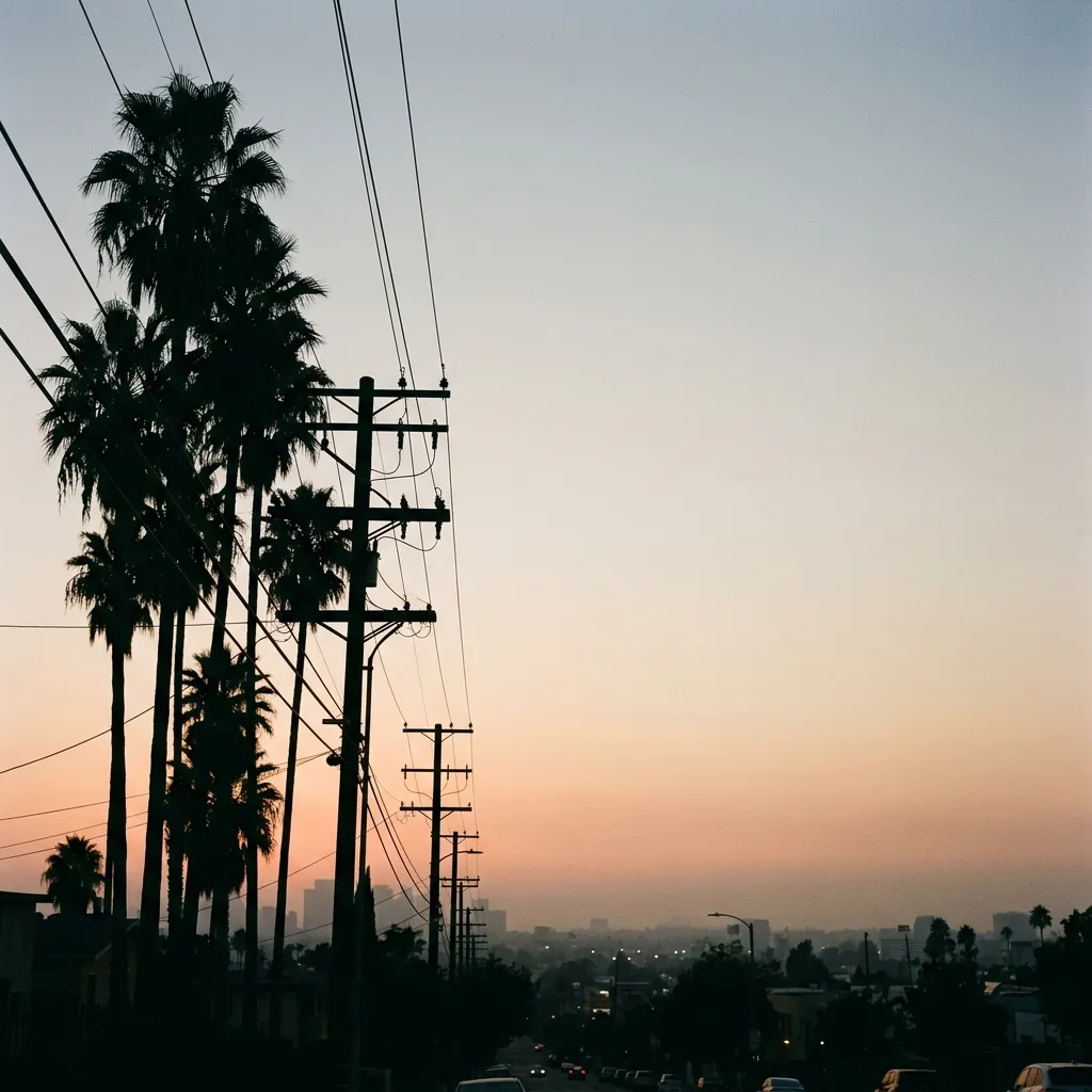 Silhouettes of power lines and palm trees against a hazy Los Angeles sunset sky
